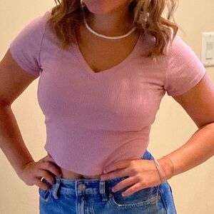 V-Neck Ribbed Lavender Crop Top